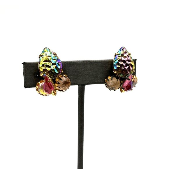 Vintage West Germany Earrings Lava Rock Peacock Glass Clip Earrings Gold Tone 1" - Picture 5 of 11